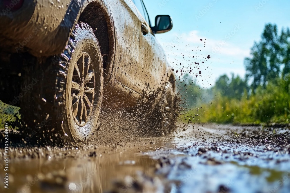 Muddy dirt offroad car splashing muddy soil traveling through the forest, close up photo Muddy dirt offroad car splashing muddy soil traveling through the forest, close up photo