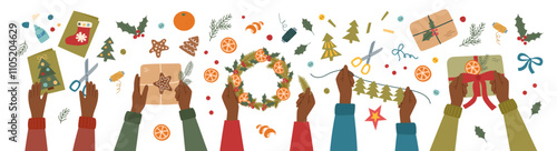Sustainable Christmas concept. Hands making Christmas gifts and decorations. Top view. Workshop concept.