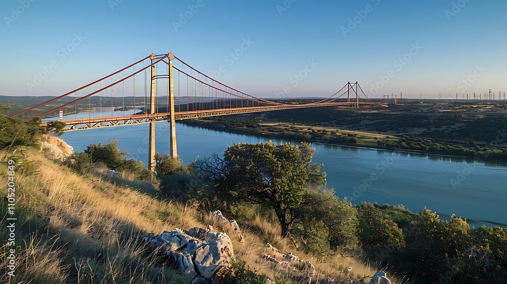 A suspension bridge taken at a small angle with a horizon of clear skies A suspension bridge taken at a small angle with a horizon of clear skies