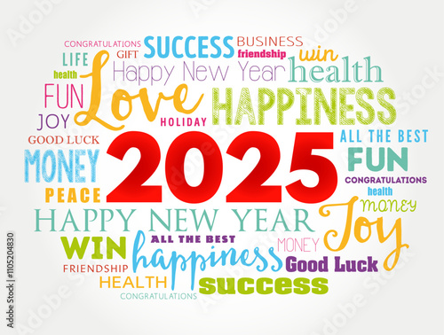 2025 year greeting word cloud collage, Happy New Year celebration greeting card