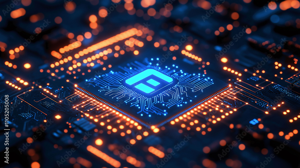 a circuit board, illuminated by blue lighting against a dark background, symbolizing technology and innovation with plenty of copy space a circuit board, illuminated by blue lighting against a dark background, symbolizing technology and innovation with plenty of copy space