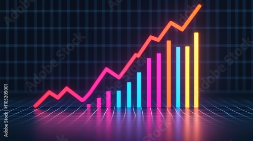 A colorful line graph and bar chart depicting upward trends, showcasing data metrics against a dark grid background.