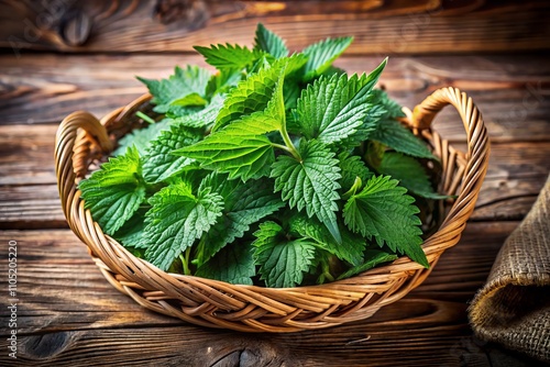 Young Nettle Leaves in a Rustic Basket on a Weathered Wooden Background, Showcasing the Freshness and Natural Beauty of Stinging Nettles (Urtica) for Culinary and Herbal Uses photo