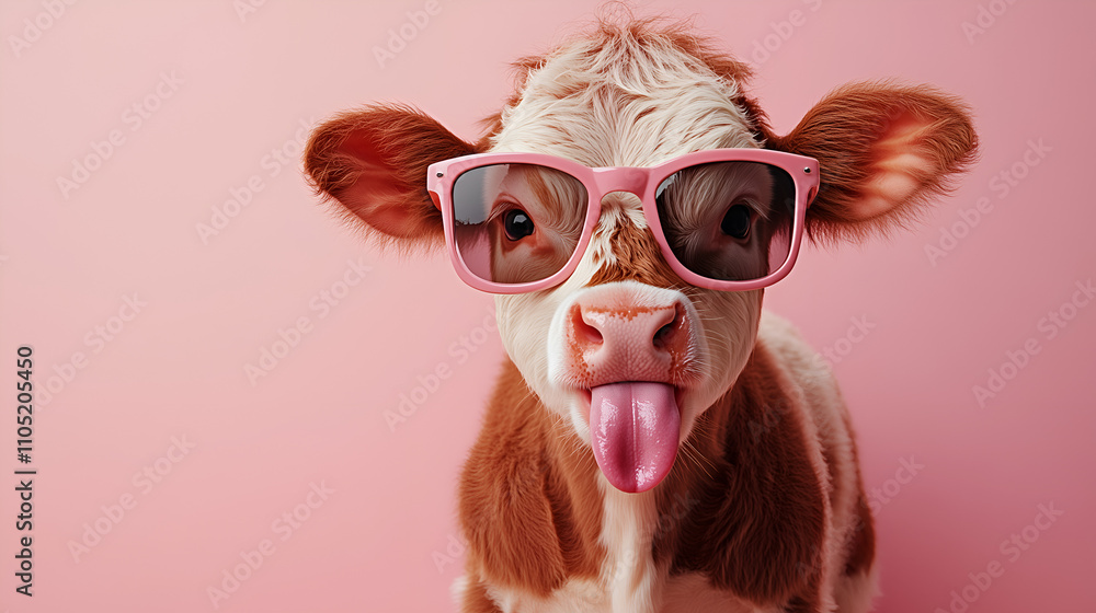 cow wearing sunglasses, sticking out its tongue against a light pink background. cow wearing sunglasses, sticking out its tongue against a light pink background.