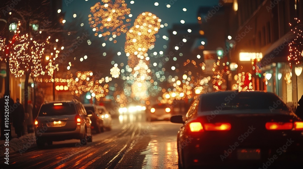 City street decorated with Christmas lights at night. City street decorated with Christmas lights at night.
