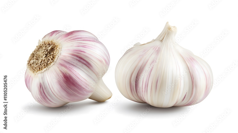 Obraz premium Two garlic bulbs with purple stripes isolated on white background.