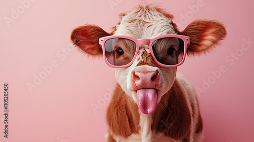 cow wearing sunglasses, sticking out its tongue against a light pink background.