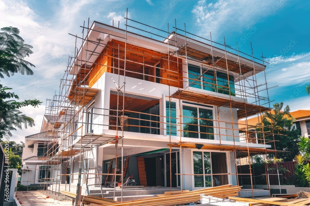 Exterior view of a new house in scaffolding under construction and painting. Exterior view of a new house in scaffolding under construction and painting.