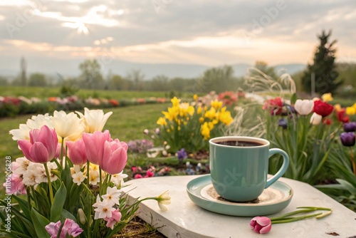 Wallpaper Mural Spring Setting with Coffee Mug and Fresh Flowers Torontodigital.ca