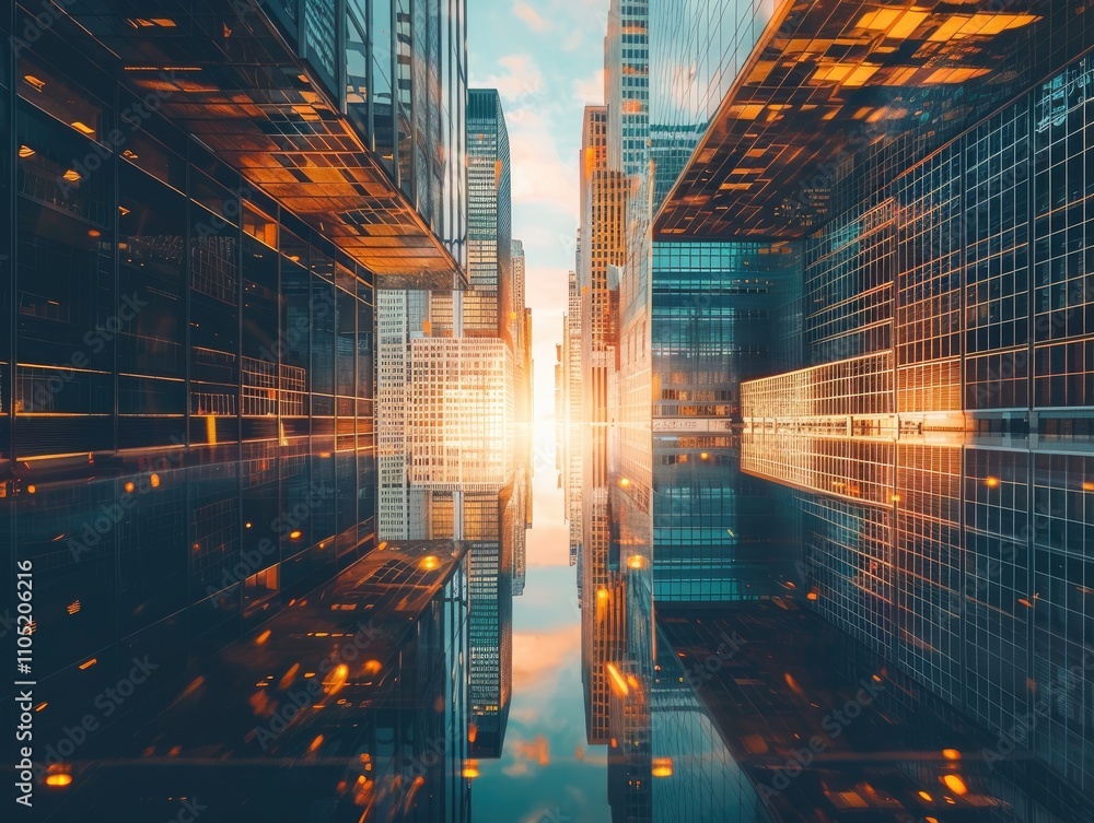 Obraz premium Reflective skyscrapers, business office buildings.