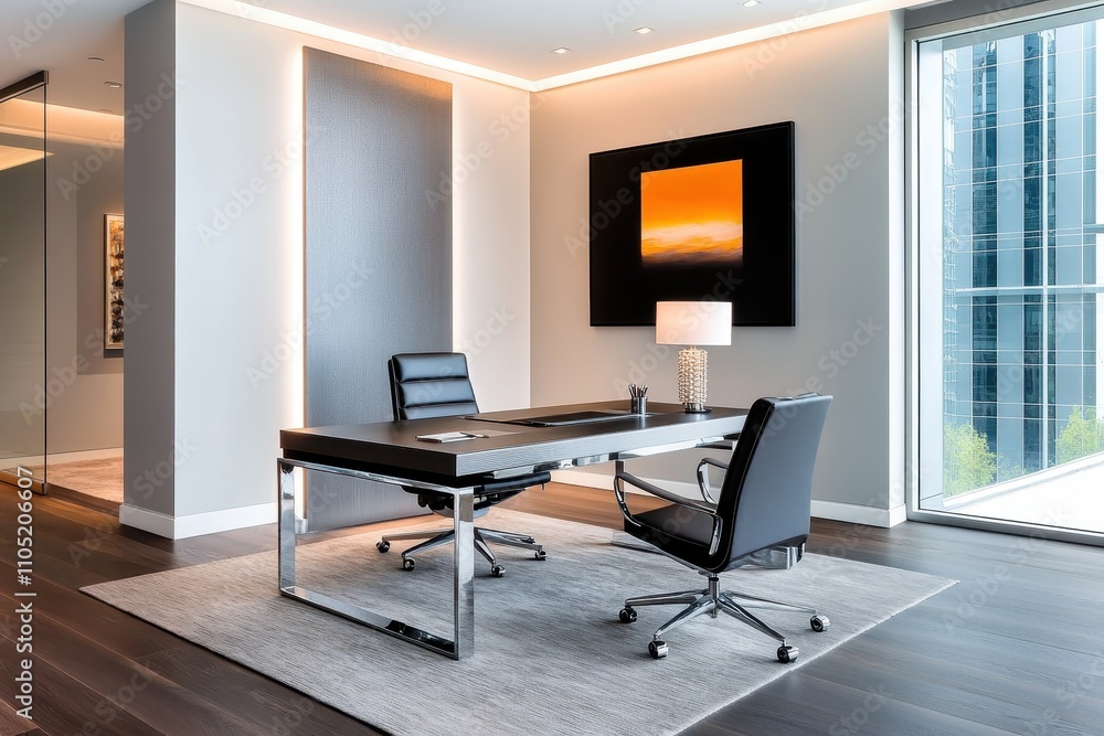 Modern private office with glass walls designed for focused concentration and innovative idea generation. Modern private office with glass walls designed for focused concentration and innovative idea generation.