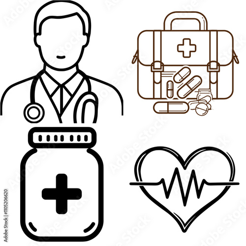 Minimalist Healthcare Icons in Black and White Representing Medical Services with Copy Space