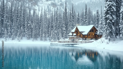 Beautiful wooden lodge on Emerald Lake, surrounded by snow-covered forest. AI generative photo