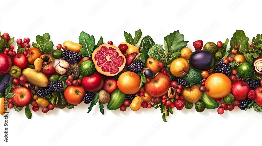 Horizontal seamless pattern of healthy fruits, vegetables and berries isolated on a white Horizontal seamless pattern of healthy fruits, vegetables and berries isolated on a white