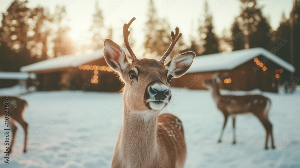A group of deer in the snow at sunset with a house illuminated with Christmas lights in the background A group of deer in the snow at sunset with a house illuminated with Christmas lights in the background