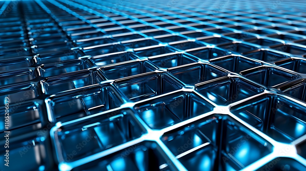 Obraz premium A close-up of a grid-like metallic surface with glowing edges, suggesting a futuristic design.