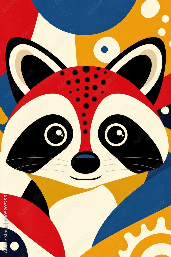 Fototapeta premium Stylized raccoon illustration with bold geometric patterns and vibrant colors, playful and artistic, ideal for kids decor and nature-themed art prints..