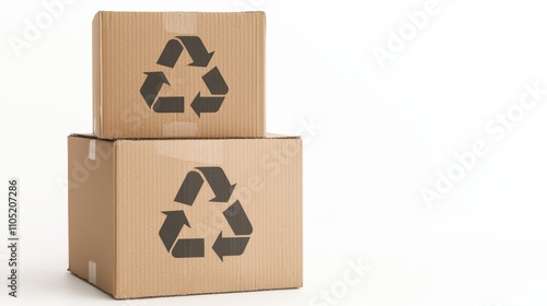 Large collection of flattened paper and cardboard stacked with a recycling logo as a message for sustainability
