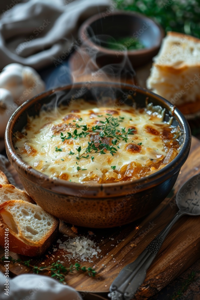 Hearty French onion soup with a fragrant cheesy crust and a slice of baguette Hearty French onion soup with a fragrant cheesy crust and a slice of baguette
