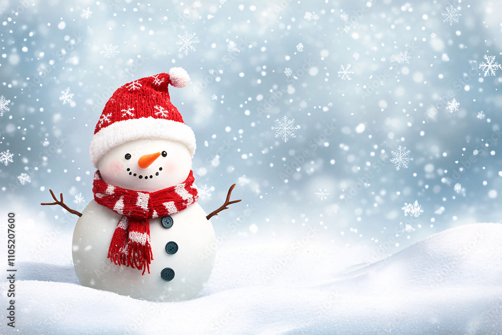 Fototapeta premium a cheerful snowman with a red scarf and hat standing in a snowy field surrounded by falling snowflakes under a soft blue sky 