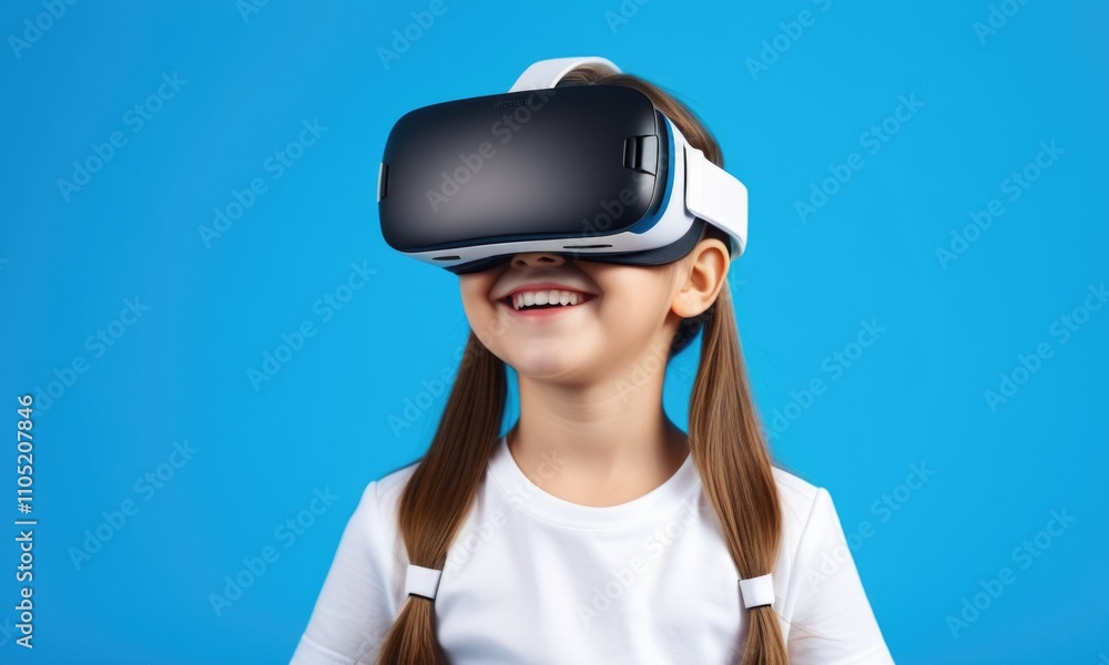 Joyful child experiencing virtual reality with headset on blue background