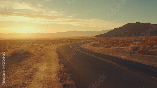 A winding road cutting through a vast desert landscape bathed in the golden glow of sunset, evokes a sense of exploration and possibility. 