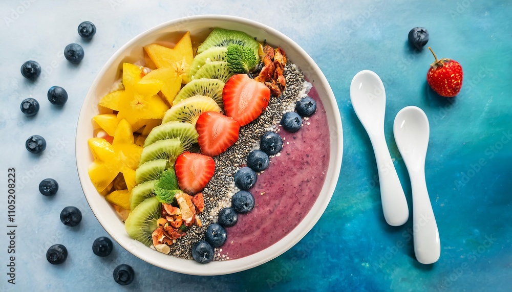Delicious smoothie bowl with fresh fruits, chia seeds, and nuts for a healthy breakfast Delicious smoothie bowl with fresh fruits, chia seeds, and nuts for a healthy breakfast