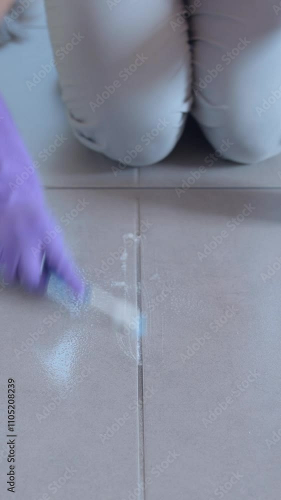 Woman cleaning the bathroom floor with a toothbrush Woman cleaning the bathroom floor with a toothbrush