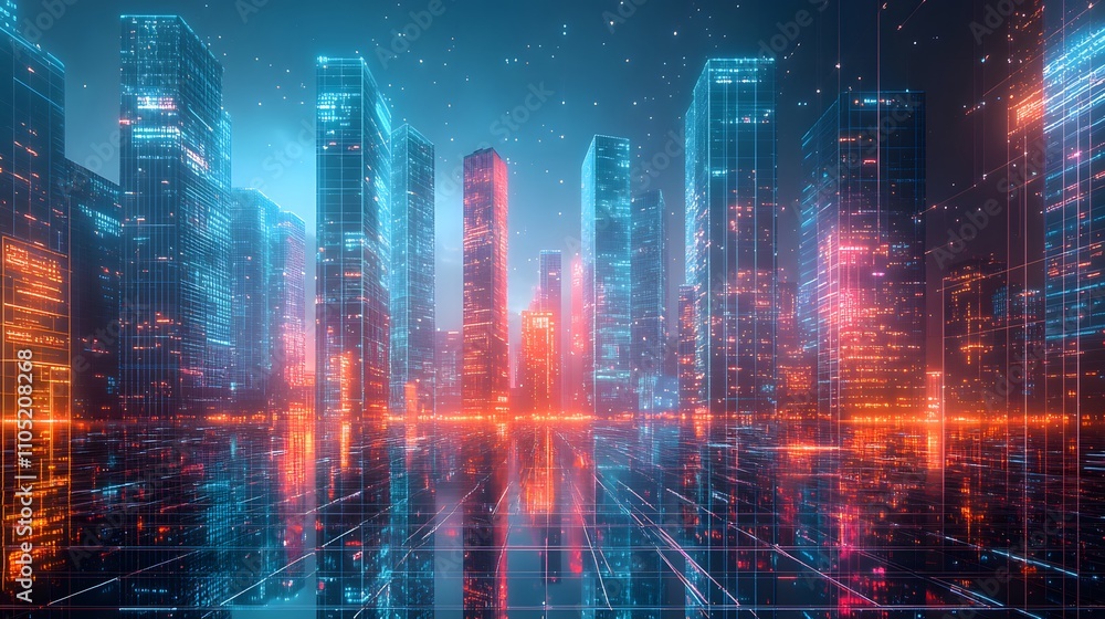 Futuristic city skyline at night, glowing neon lights reflecting on a glassy surface. Futuristic city skyline at night, glowing neon lights reflecting on a glassy surface.