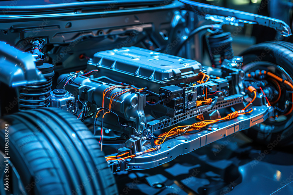 Fototapeta premium Power source for charging battery of beautiful electric car on road