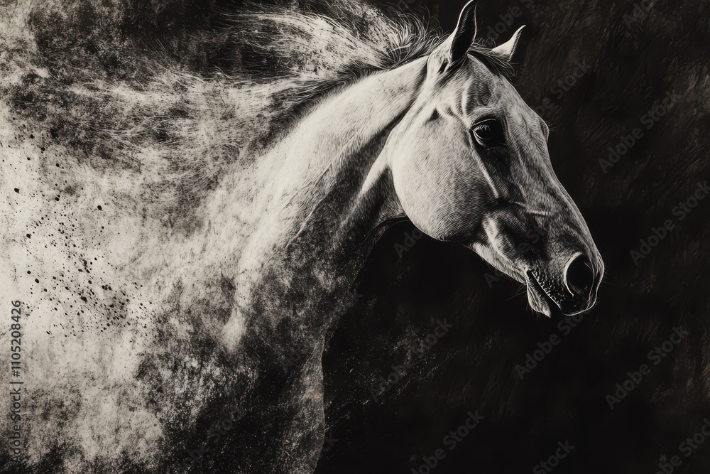 Obraz premium Black and white horse portrait dynamic brushstrokes flowing mane expressive eyes