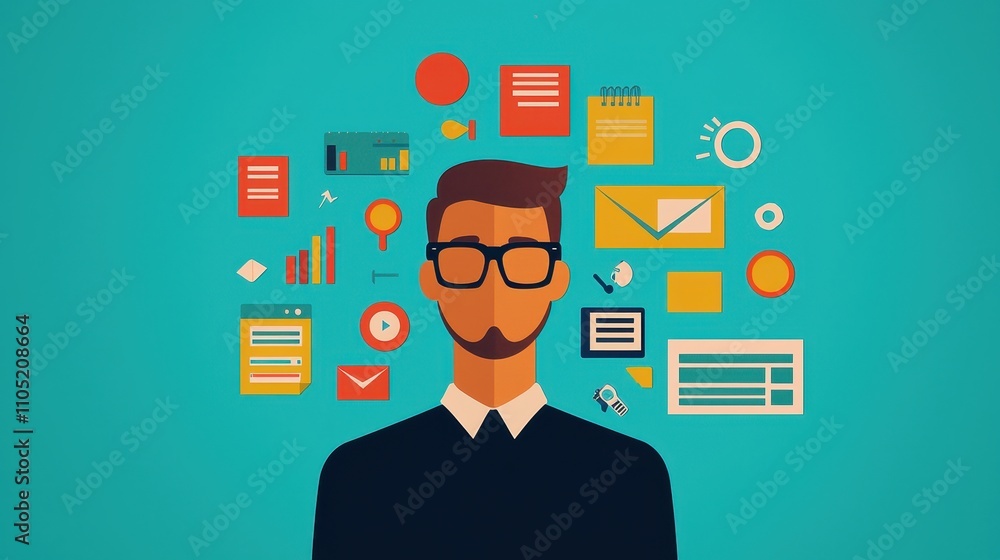 A digital illustration of a man wearing glasses, surrounded by various symbols representing data, technology, and communication. A digital illustration of a man wearing glasses, surrounded by various symbols representing data, technology, and communication.