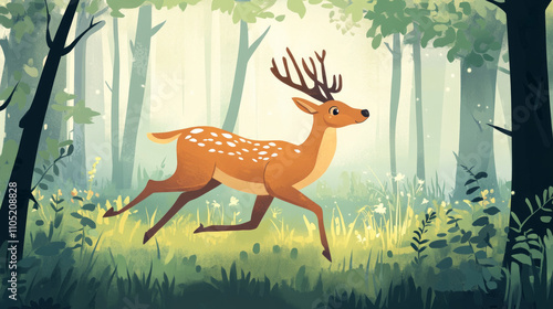 Realistic illustration of a deer running away in the forest at spring. AI generative photo