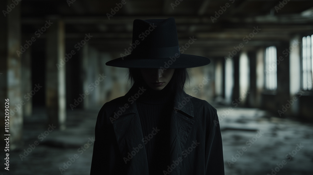 Mysterious figure in a black hat standing in an abandoned building Mysterious figure in a black hat standing in an abandoned building