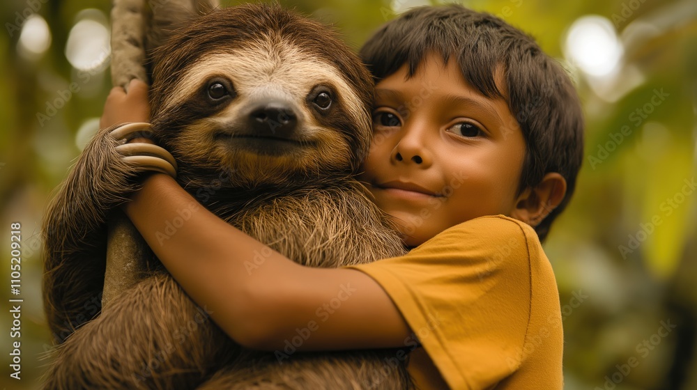 Obraz premium Young Boy Cuddling a Happy Sloth