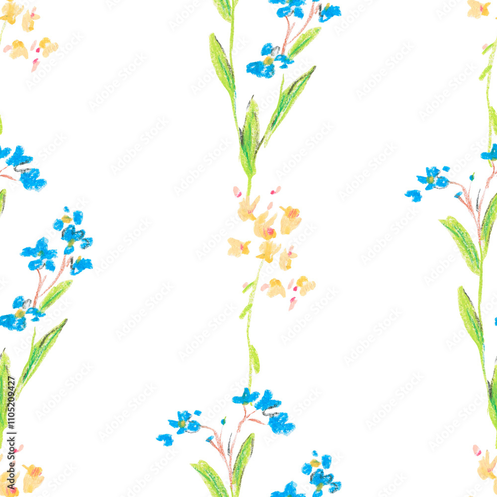 Floral seamless pattern on an isolated white background. Repeating flowers drawn with wax crayons. Oil pastel print Floral seamless pattern on an isolated white background. Repeating flowers drawn with wax crayons. Oil pastel print