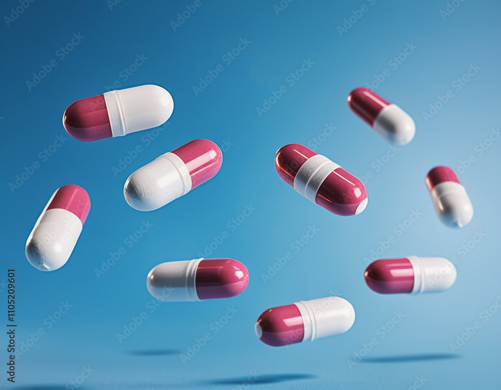 A Studio Shot of Antibiotic Pill or Capsules Falling on a Blue Background. A Studio Shot of Antibiotic Pill or Capsules Falling on a Blue Background.