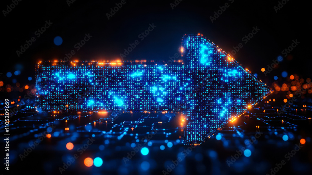 Digital Blue Matrix Binary Code Arrow with Pixelated Motifs for Technology Concept Digital Blue Matrix Binary Code Arrow with Pixelated Motifs for Technology Concept