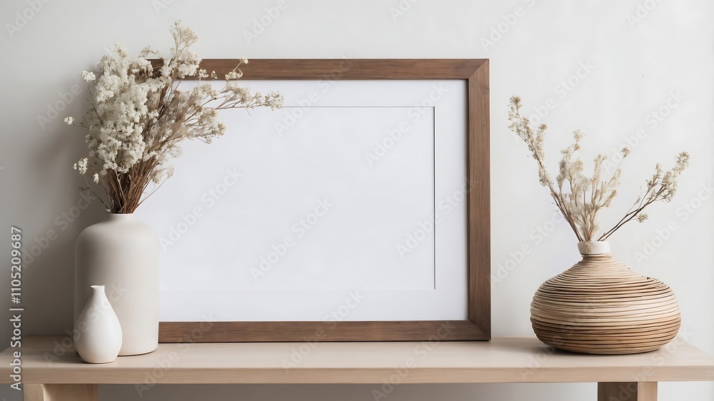 Home interior poster mock up with horizontal wood frame with ornamental plants in pots on empty wall background.3D rendering Home interior poster mock up with horizontal wood frame with ornamental plants in pots on empty wall background.3D rendering