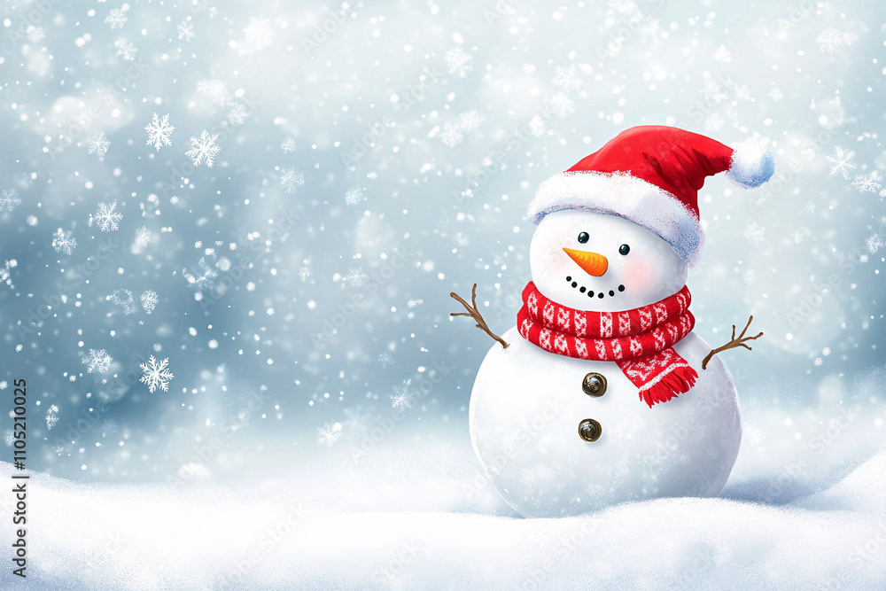 a cheerful snowman with a red scarf and santa hat stands in a snowy field surrounded by falling snowflakes and soft light
a cheerful snowman with a red scarf and santa hat stands in a snowy field surrounded by falling snowflakes and soft light