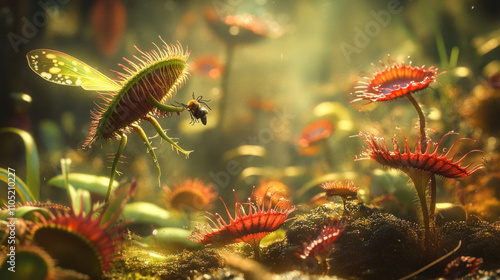 Carnivorous Venus flytrap (Dionaea muscipula) capturing an insect. AI generative photo