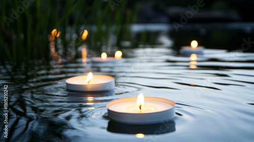 Three candles floating in a river of water. The candles are lit and the water is calm. The scene is peaceful and serene