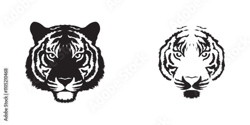 A silhouette of a tiger head On white background. A tiger face staring at you dangerously tattoo.