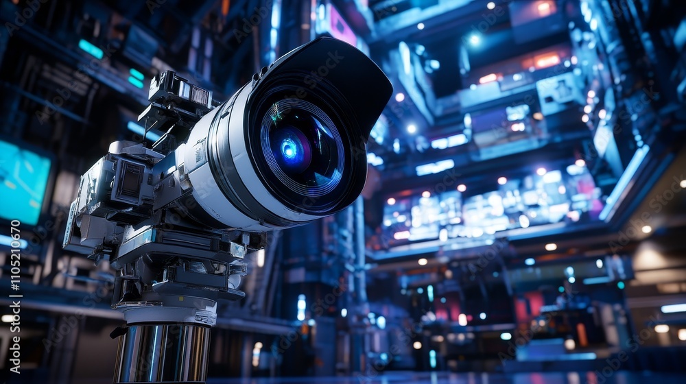 A high-tech camera positioned in a futuristic, illuminated environment showcasing advanced technology. A high-tech camera positioned in a futuristic, illuminated environment showcasing advanced technology.