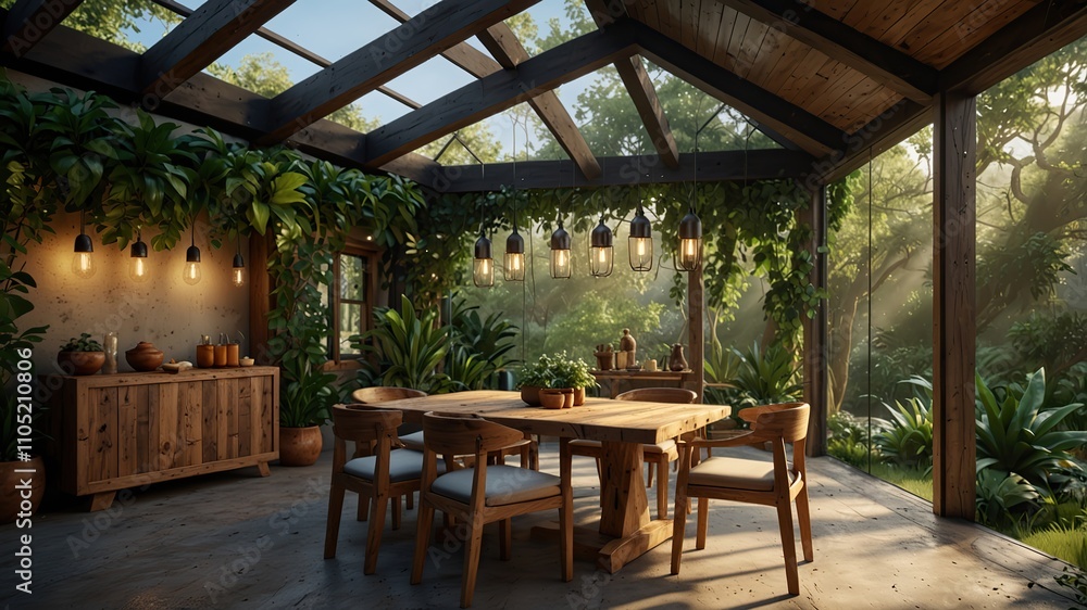 Outdoor-inspired dining area with a glass roof Outdoor-inspired dining area with a glass roof