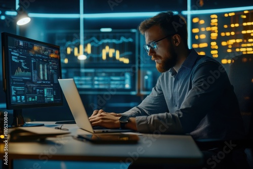 Businessman working in office at desk watching laptop thinking considering Young employee busy working