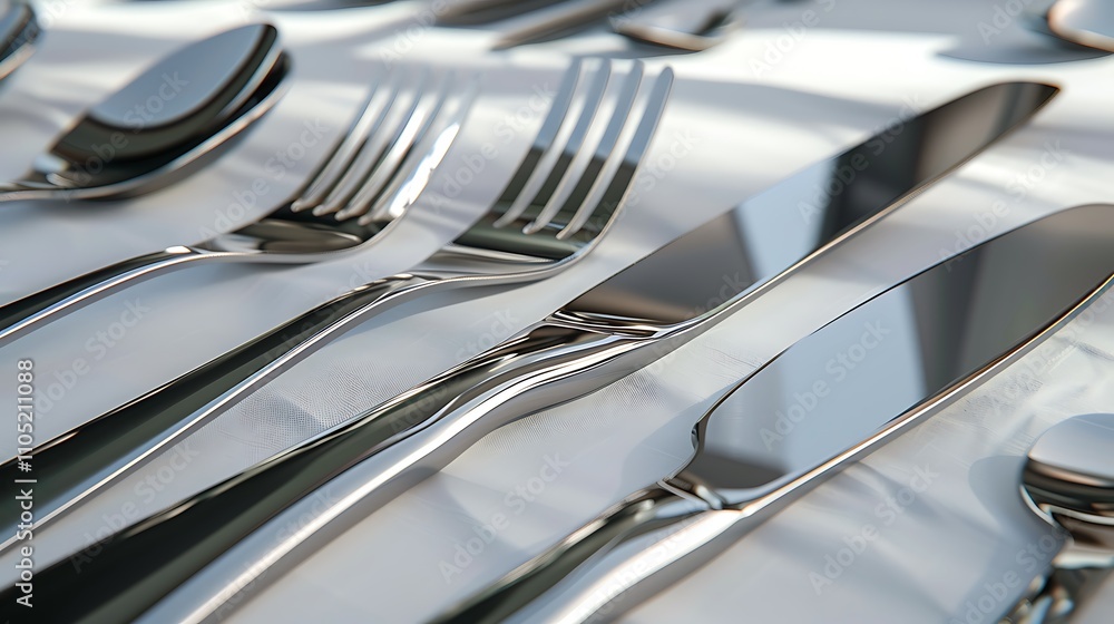 A close-up of a meticulously arranged silverware setting, showcasing the elegant curves and polished surfaces of the cutlery. A close-up of a meticulously arranged silverware setting, showcasing the elegant curves and polished surfaces of the cutlery.