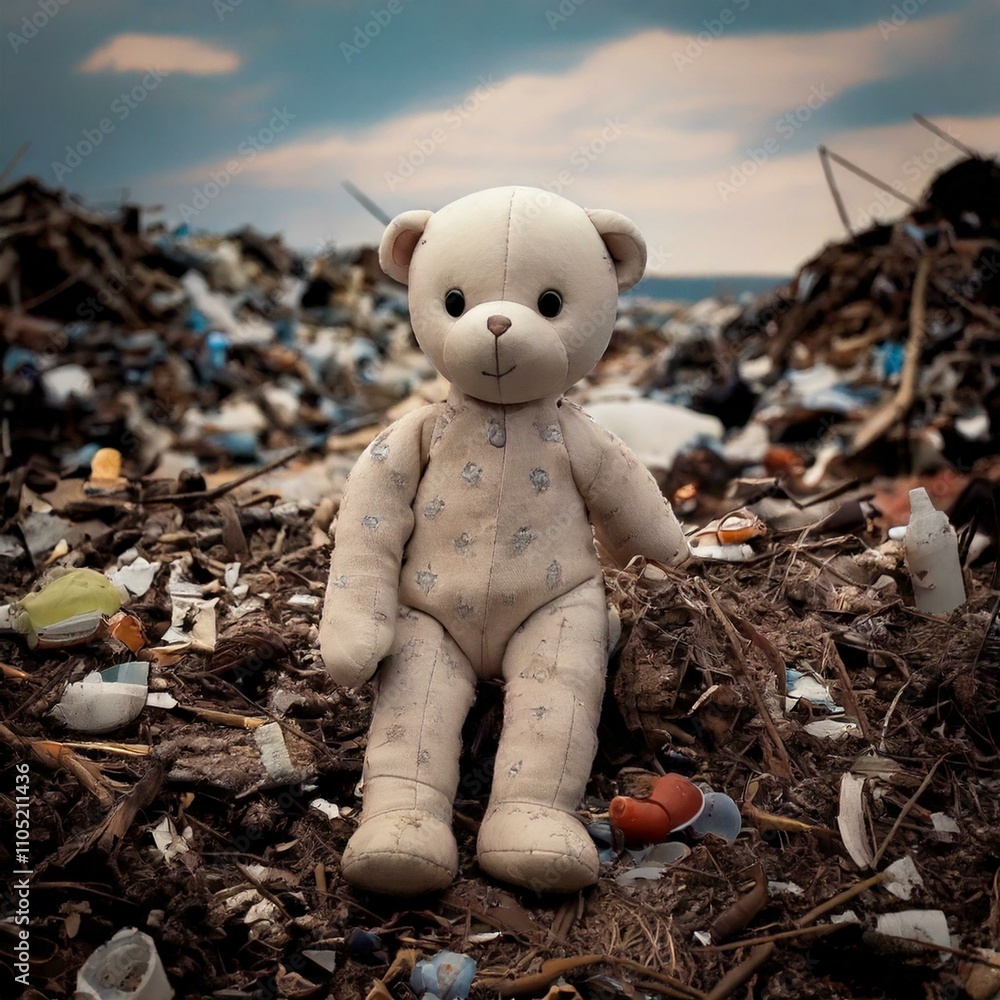 A lonely teddy bear sits in a garbage-filled landscape, symbolizing waste, neglect, and the impact of consumer culture on the environment.