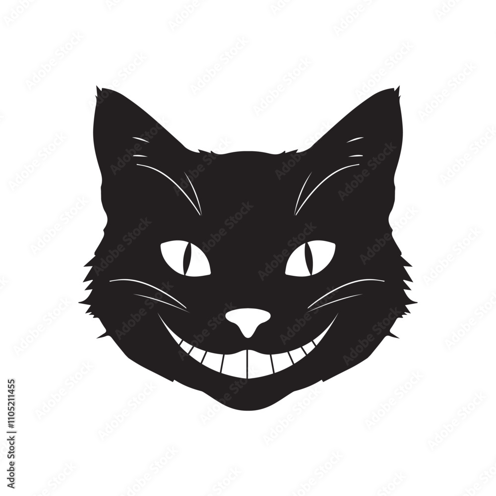 A silhouette of a cat head with danger smile & eyes On white background. A horrible, scary, bad cat. A silhouette of a cat head with danger smile & eyes On white background. A horrible, scary, bad cat.