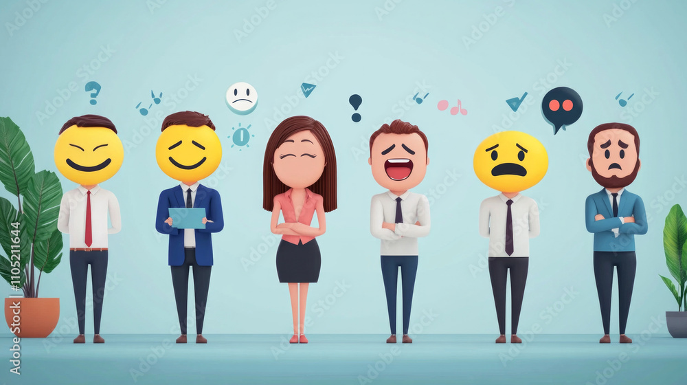 A surreal office scene of people with emoji heads expressing anger, sadness, and happiness, symbolizing varied emotions in a professional setting. Eye-catching and abstract. AI generative A surreal office scene of people with emoji heads expressing anger, sadness, and happiness, symbolizing varied emotions in a professional setting. Eye-catching and abstract. AI generative